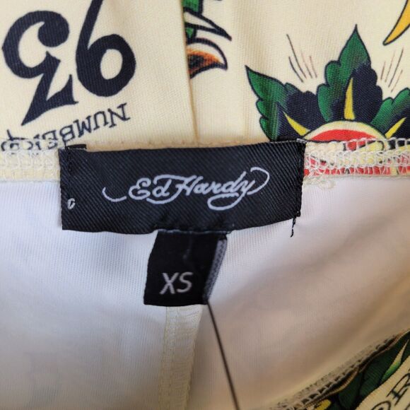 Ed Hardy Womens Graphic Biker Shorts Size XS Yellow Mid Rise Athleisure Tattoo - Picture 4 of 7